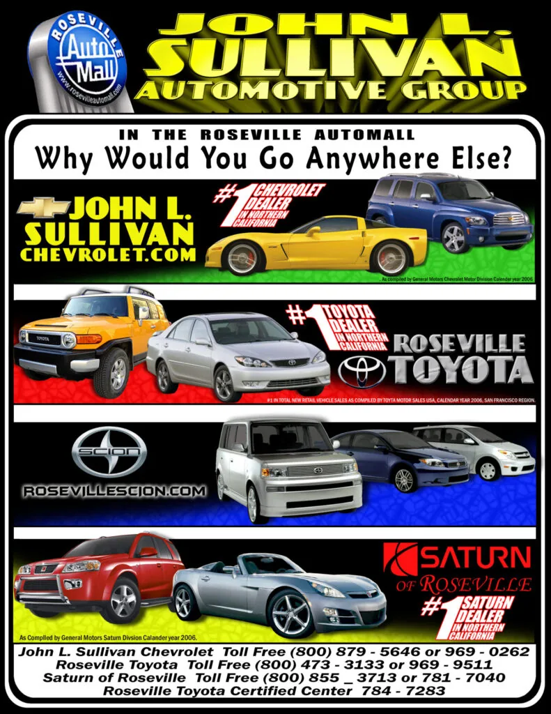 Roseville automotive group advertisement featuring John L. Sullivan Chevrolet, Roseville Toyota, and Saturn dealership locations with vehicle images and contact information.