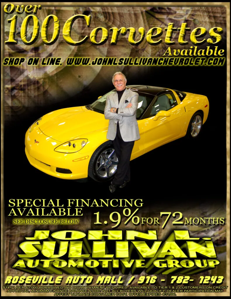 Man in gray blazer standing next to bright yellow Corvette sports car with text advertising over 100 Corvettes available and 1.9% financing for 72 months at Sullivan Automotive Group.