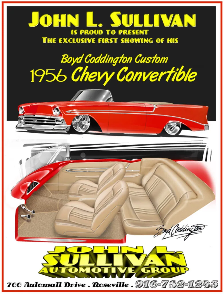 1956 red Chevy convertible custom car with tan interior, promotional poster for Sullivan Automotive Group