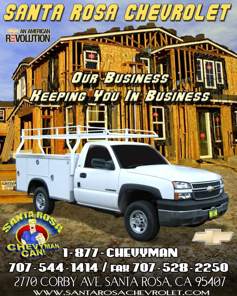White Chevrolet pickup truck with service bed in front of wooden building, Santa Rosa Chevrolet advertisement
